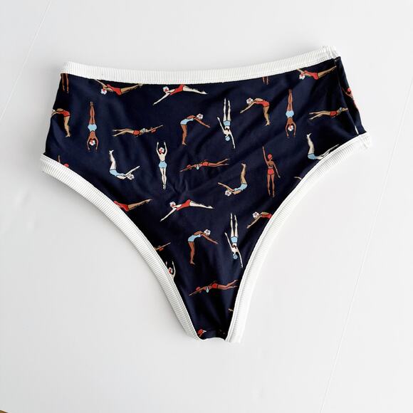[Aerie] Blue Swimmers Diver Print High Waisted Cheeky Bikini Bottoms Sz Large L - Picture 2 of 10